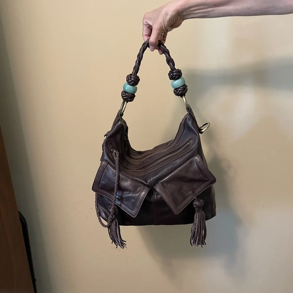 Shanghai Tang Brown Leather Hobo with Jade Bead Accents